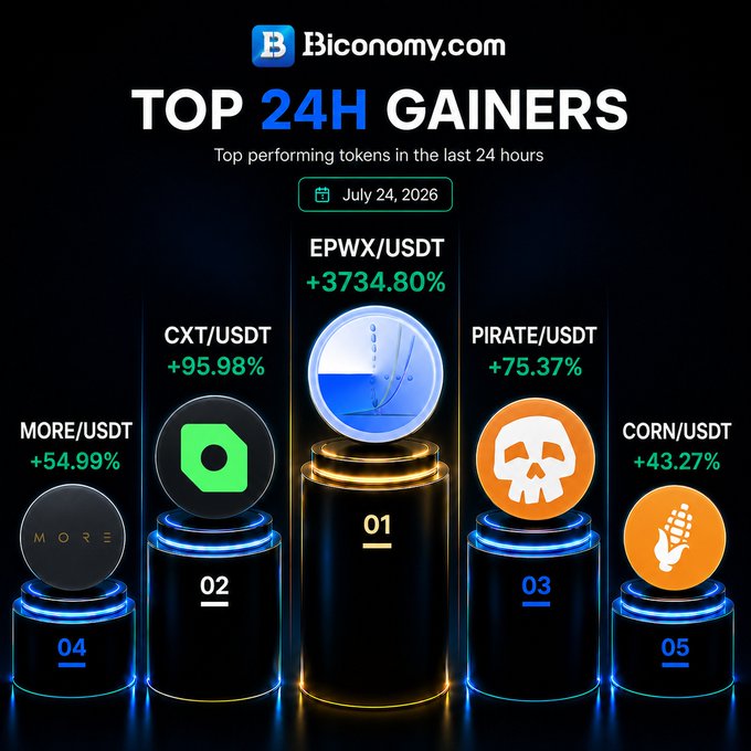 Biconomy.com 'TOP 24H GAINERS' graphic for July 24, 2026 featuring EPWX/USDT (+3734.80%), CXT/USDT (+95.98%), PIRATE/USDT (+75.37%), MORE/USDT (+54.99%), and CORN/USDT (+43.27%) on a podium.