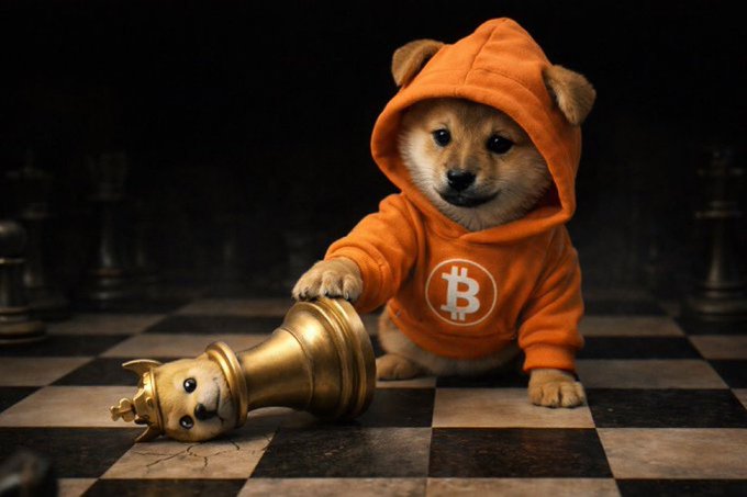 A Shiba Inu dog wearing an orange Bitcoin-themed hoodie, sitting on a chessboard with its paw resting on a fallen golden king piece.