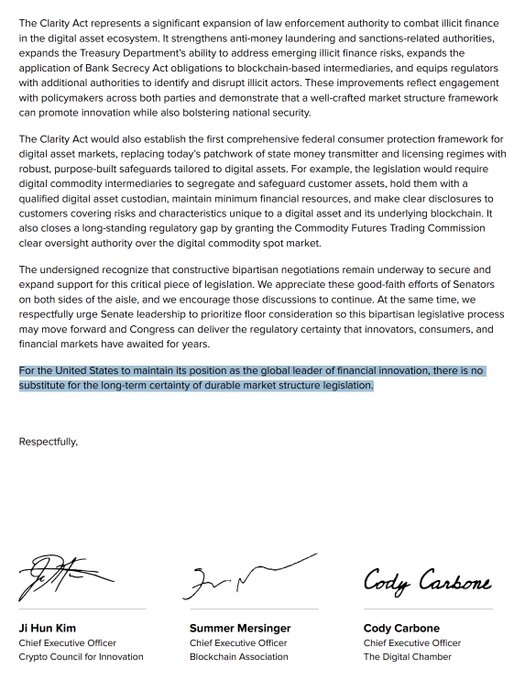 A joint letter signed by Ji Hun Kim (Crypto Council for Innovation), Summer Mersinger (Blockchain Association), and Cody Carbone (The Digital Chamber) urging Senate Leaders to pass the Clarity Act, with a highlighted passage emphasizing that "there is no substitute for the long-term certainty of durable market structure legislation."