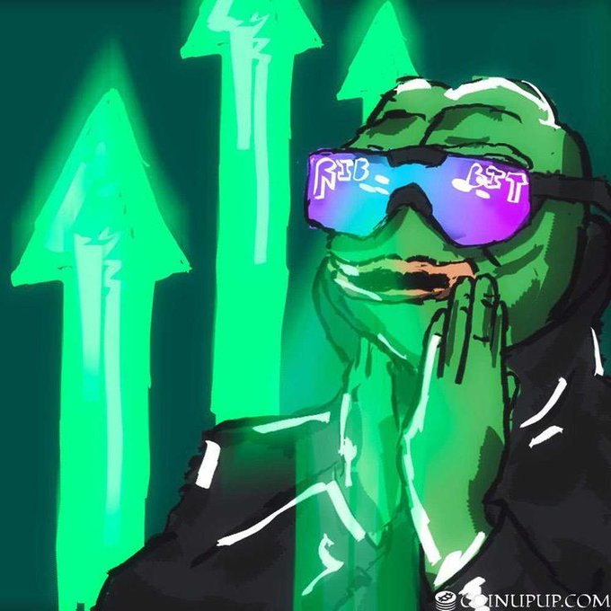 A digital painting of a green Pepe frog character wearing futuristic sunglasses with the word "RIBBIT" glowing in purple and blue lenses, set against a green background with upward arrows and watermarked "ONLIUPUP.COM" at the bottom.