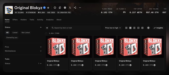 A screenshot of an NFT marketplace page showing the 'Original Bloky' collection by 0X1844, with floor price of 0.161 ETH and items priced around 0.161-0.163 ETH.