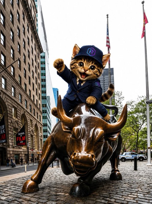 An anthropomorphic tabby cat in a navy suit and "R" cap triumphantly rides the iconic Wall Street Charging Bull, with flags flying and a NYPD vehicle in the background. The caption's crypto trading slang "cto" (community take over) and "bagwork" ties into the bull-and-bear market imagery, symbolizing a leader rallying traders to commit to the meme coin rally.