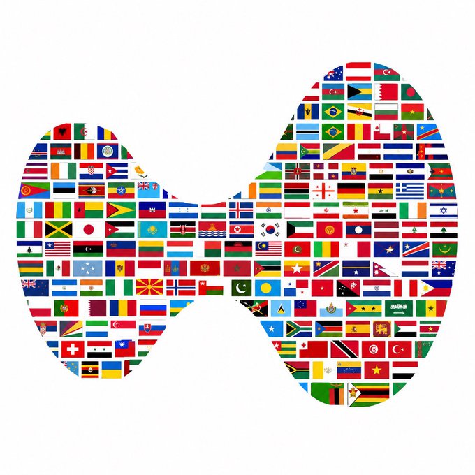 This image features a stylized hourglass shape composed of a mosaic of diverse national flags. The colorful pattern symbolizes global unity and inclusivity, visually representing the "house of all finance" mentioned in the post's call for Hyperliquid to distribute its allocation to the entire global community.