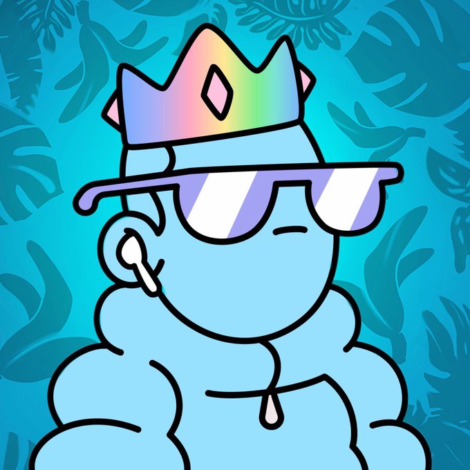 A blue, cloud-like cartoon character wearing a rainbow crown and striped visor sunglasses smirks while holding a small key, set against a tropical teal leaf background. The image ties to the caption "Waiting to trade this for a house," suggesting the character (or the key/NFT) is being held onto as an investment expected to be traded for real estate.