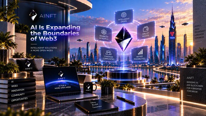 A futuristic 3D digital landscape featuring the AINFT logo and the text 'AI Is Expanding the Boundaries of Web3' with floating panels highlighting features like 'Advanced AI Models' and 'NFT Minting Access'.