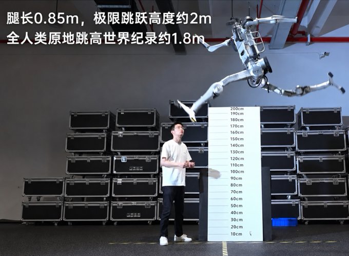 A man stands next to a height measurement chart while a humanoid robot leaps impressively high above him, accompanied by Chinese text stating the robot has 0.85m legs and a jump height of about 2m, surpassing the human standing jump world record of 1.8m.