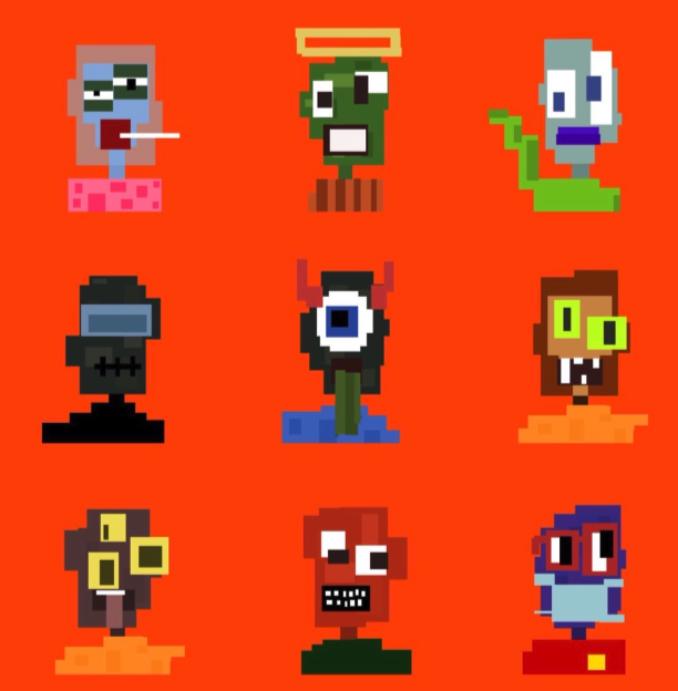A pixel-art illustration displaying a 3x3 grid of nine quirky, monstrous plant-like creatures with faces against a bright orange background.