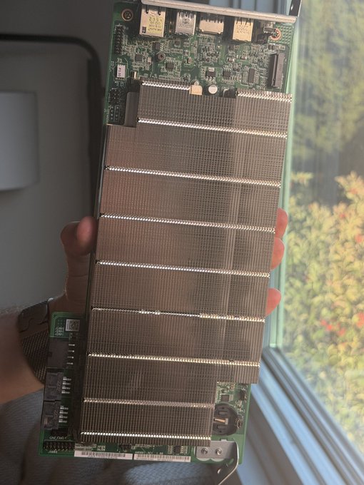 A hand holds up a large green circuit board, identified in the post as an AMD BC-250 chip (a rejected PlayStation chip being repurposed for crypto mining and other experimental uses), with its metallic heat sinks and connection ports clearly visible against a window backdrop.