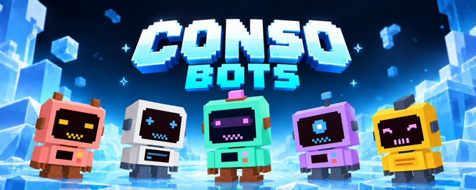 A pixel art banner for 'CONSO BOTS' featuring five colorful robot characters (pink, white, teal, purple, and yellow) standing against a blue icy background with floating cubes.
