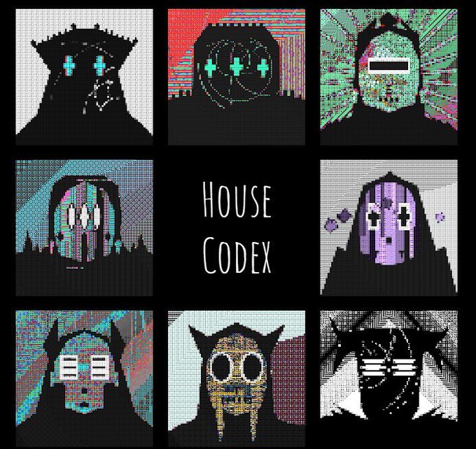 A 3x3 grid of pixel-art character portraits in a glitchy style, with the text 'HOUSE CODEX' in the center square.