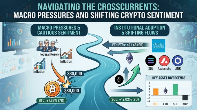 An infographic titled 'NAVIGATING THE CROSSCURRENTS: MACRO PRESSURES AND SHIFTING CRYPTO SENTIMENT' illustrating market dynamics with Federal Reserve and inflation concerns affecting Bitcoin at $80,000, alongside institutional flows noting 'ETH ETFs: +$1.4B (9D)' and tokens like SOL (+12.02%), AVAX, and LINK.