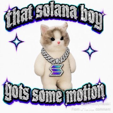 A meme image features a fluffy white and brown cat wearing a large diamond necklace with a 'Σ' (Sigma) pendant, surrounded by sparkles and the text 'that solana boy gots some motion' in a stylized, gothic font.