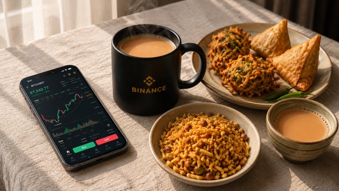 A trader enjoys a "perfect trading setup" with chai (tea) in a Binance-branded mug alongside traditional snacks like poha and samosas, while monitoring Bitcoin's price at $97,342.17 on a smartphone trading app displaying a green bullish chart.