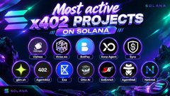 A promotional graphic titled 'Most active X402 PROJECTS ON SOLANA' showing various crypto project logos arranged in a grid with neon purple styling.