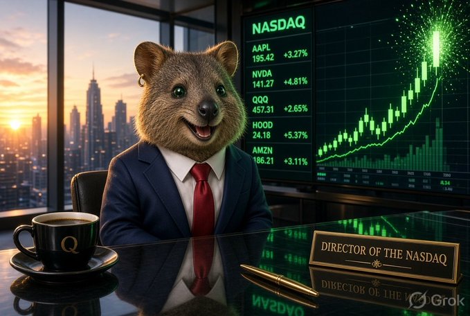 An AI-generated image shows an anthropomorphic quokka wearing a navy suit and red tie, sitting at a desk with a 'DIRECTOR OF THE NASDAQ' nameplate in front of a stock ticker screen displaying symbols like AAPL, NVDA, QQQ, HOOD, and AMZN alongside a rising green chart.