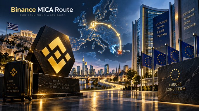 A Binance promotional banner titled "Binance MiCA Route - Same Commitment, A New Route" showing a European cityscape, Greek flag, EU flags, and a golden Binance logo.