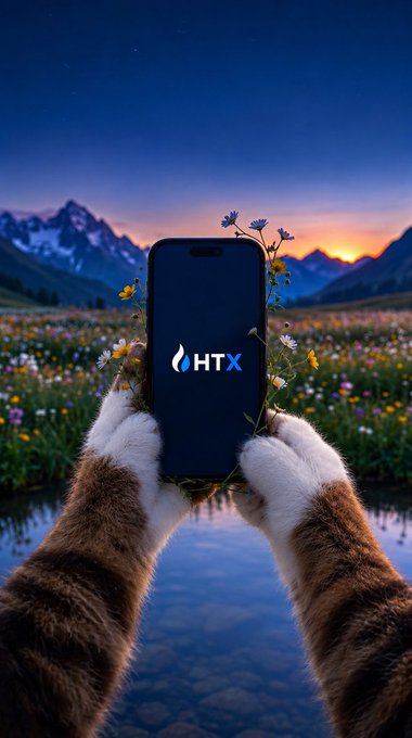 Two fluffy paws hold up a smartphone displaying the "HTX" logo against a serene sunset mountain landscape, complementing the calm, aesthetic Sunday vibe.