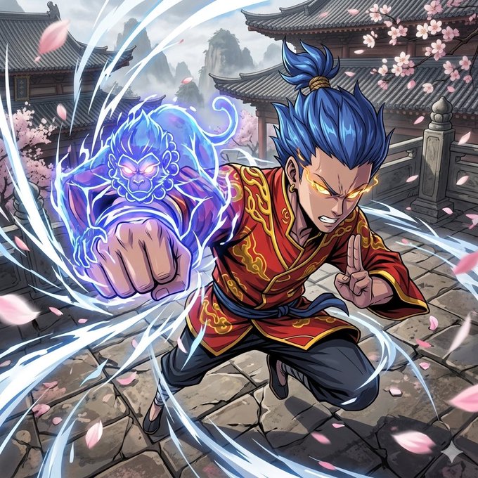 The image features a man dressed in traditional Japanese clothing with blue hair, who appears to be fighting another character wearing red. The scene takes place outdoors, possibly in front of some buildings or near a temple. The colors used in the illustration are predominantly pink and white, which adds to the overall aesthetic appeal of the artwork.