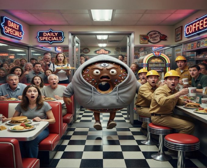 The image features a cartoon character dressed as a donut, standing in front of a group of people who are seated at tables with plates of food. The donut character appears to be launching into space or flying through the air, drawing attention from the surrounding diners. The scene is set within an old-fashioned diner, and there are neon signs visible throughout the room.

The image also includes a caption that reads "Nuclear Samurai Launches BRAINROT: Ethereum's Living Slop Art Collection". This suggests that the donut character might be part of an art project or promotional event related to cryptocurrency or digital art.