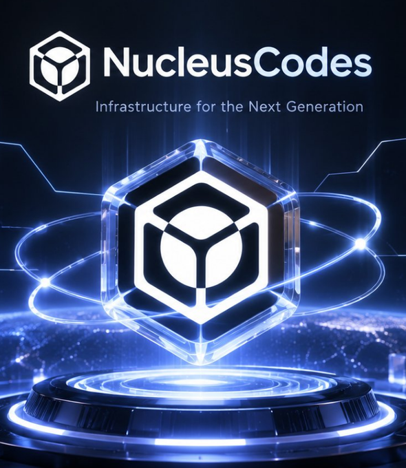 A futuristic promotional graphic for "NucleusCodes" featuring a glowing blue hexagonal logo with the tagline "Infrastructure for the Next Generation."