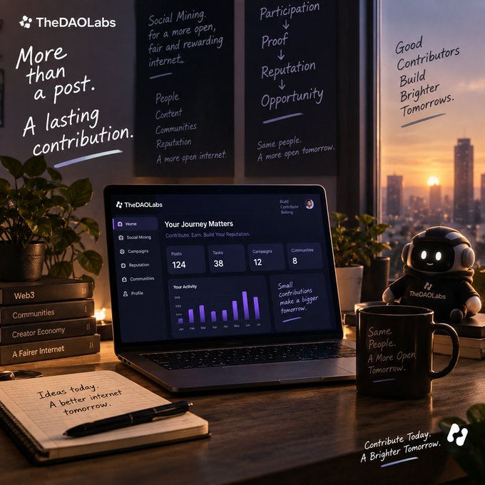 A warm, motivational desk scene featuring a laptop displaying TheDAOLabs dashboard with 124 Posts, 38 Tasks, 12 Campaigns, and 8 Communities, surrounded by sticky notes reading "More than a post. A lasting contribution." and "Good Contributors Build Brighter Tomorrows," alongside a notebook marked "Ideas today. A better internet tomorrow."

The image visually echoes the post's reflection that small acts of participation—posts, tasks, and campaigns—add up to meaningful SocialFi contributions over time.