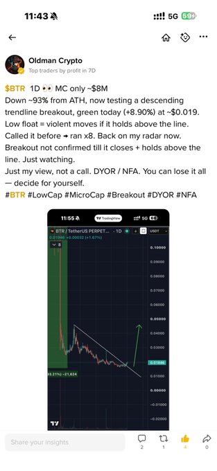 A mobile screenshot of an "Oldman Crypto" trading post on X (Twitter) analyzing $BTR (Bitrue token), showing a chart of a descending trendline breakout with an entry noted around $0.019 and an 8.90% gain, marked up with a green arrow indicating a potential long position.