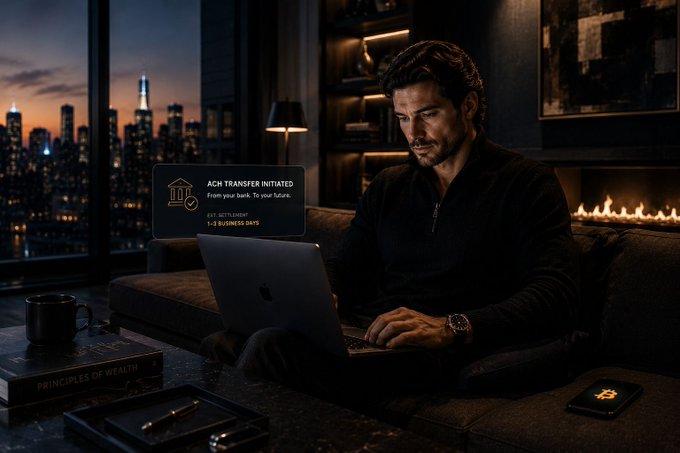 The image shows a man sitting on a couch, using his laptop computer with a cell phone nearby. The scene takes place at night, with a city skyline visible through a window behind him. There are also books and a cup present in the room. The image seems to be related to Bitcoin adoption or discussing the importance of understanding financial systems for digital assets.