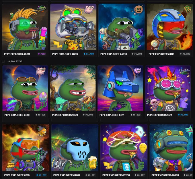 The image features an array of colorful cartoon characters, including various types of frogs with unique appearances and accessories such as hats or masks. The characters are arranged in rows, showcasing a diverse collection that captures the viewer's attention. The post about these characters is titled "minted 2, got 9 pre reveal and 1 after reveal and I like all of them Trystan really did a good work so many different traits the art is insane". This suggests that the artist has created an impressive and eye-catching series of illustrations for this post, which may be related to a specific event or promotion.