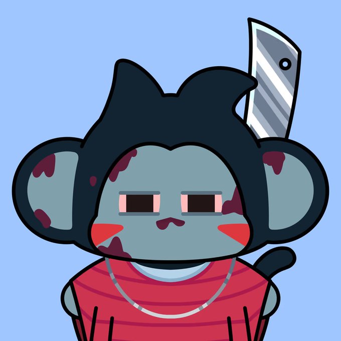 A cartoon-style illustration of a zombie-like character with gray skin, red eyes, and dark purple markings on its face, wearing a red striped shirt with a large blade or knife sticking out of its head.