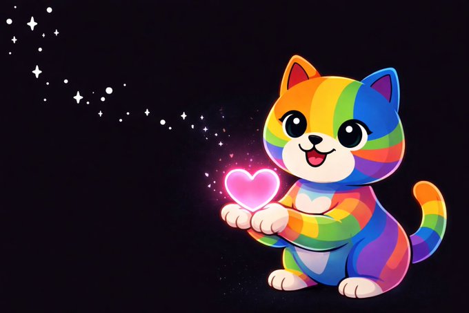 A cute cartoon illustration of a rainbow-colored cat holding a glowing pink heart, set against a black background with sparkles.