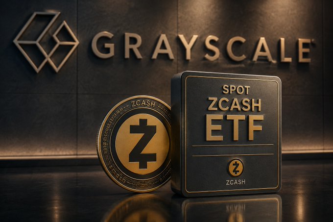 A promotional image displays the 'GRAYSCALE' logo above a 'SPOT ZCASH ETF' case alongside a gold Zcash coin marked with a 'Z'.