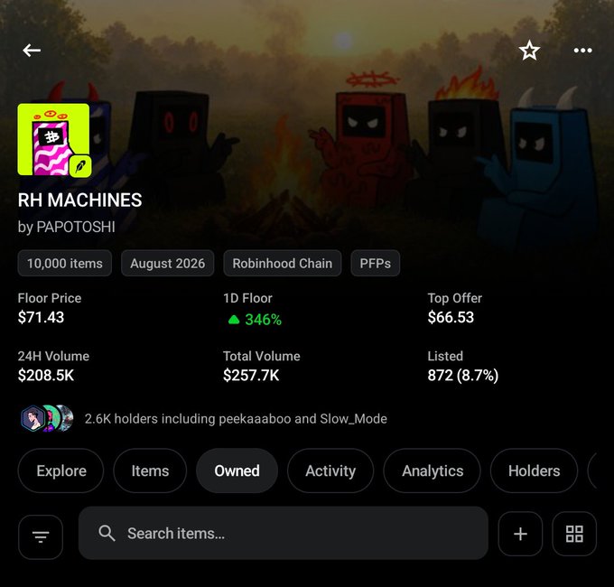 An NFT marketplace listing for 'RH MACHINES by PAPOTOSHI' on Robinhood Chain, showing a floor price of $71.43 (+346% in 1D), top offer of $66.53, and 2.6K holders.