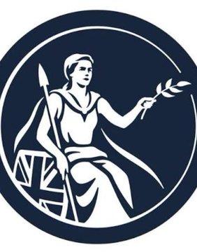 A circular logo featuring a white classical figure holding a spear and olive branch against a dark navy background, with a Union Jack visible at the lower left, representing British/Bank of England imagery. The figure's traditional British symbolism ties to the accompanying post about the Bank of England's digital pound project exploring stablecoin integration in cross-border trade finance.
