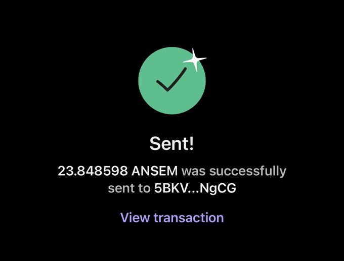 A confirmation screen displays a green checkmark and "Sent!" message, verifying that 23.848598 ANSEM was successfully sent to wallet address 5BKV...NgCG, with a link to view the transaction.