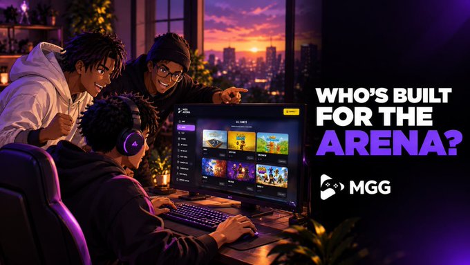 Three gamers gather around a computer monitor displaying the MGG platform's game selection, with one pointing at the screen while another wearing headphones focuses on the game. The promotional text "WHO'S BUILT FOR THE ARENA?" alongside the MGG logo reinforces the weekend gaming challenge inviting players to choose their game and compete.
