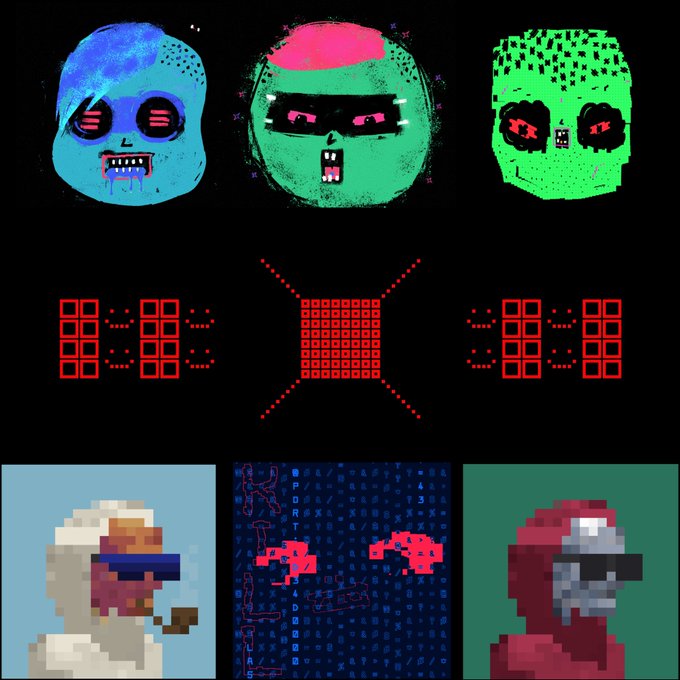 A collection of pixel-art style graphics featuring three colorful skull-like faces on top, red digital numbers '8.8.8' in the middle, and pixelated character portraits with an arcade-style screen at the bottom.