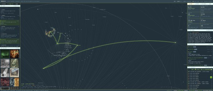 A screenshot of the ORBIS web interface displaying a celestial map with constellation lines, navigation data, and chat panels alongside a side menu of icons, which appears unrelated to the post discussing 9NOSIS, a multi-agent system that reimagines Plan 9's OS/filesystem as a conversational world for AI agents.