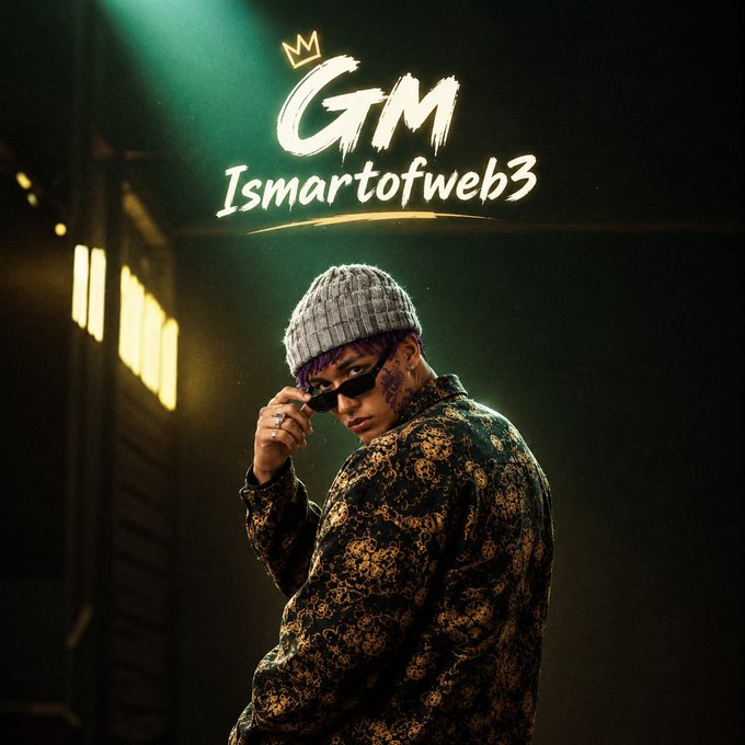 A stylized portrait of a man with purple hair wearing a gray beanie, sunglasses, and a patterned jacket, with the text 'GTM Ismartofweb3' and a crown logo displayed at the top.