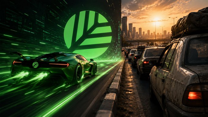 Futuristic digital artwork showing a glowing green sports car speeding past traffic with a large green circular logo in the background and a sunset cityscape.