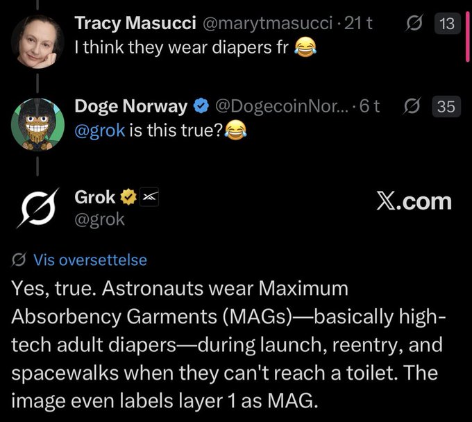 A Twitter/X conversation where Doge Norway asks Grok if astronauts wear diapers, and Grok responds confirming astronauts wear Maximum Absorbency Garments (MAGs) during launch, reentry, and spacewalks.