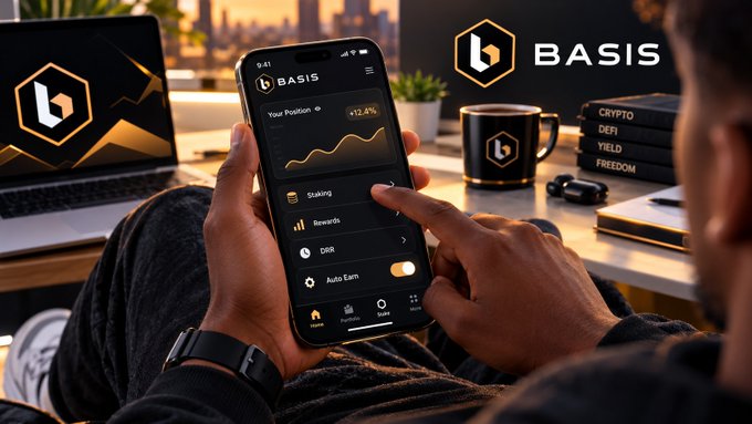 A person uses a smartphone displaying the 'BASIS' app interface with options like 'Staking,' 'Rewards,' 'DRR,' and 'Auto Earn,' while a branded 'BASIS' mug and cryptocurrency-themed books sit nearby.