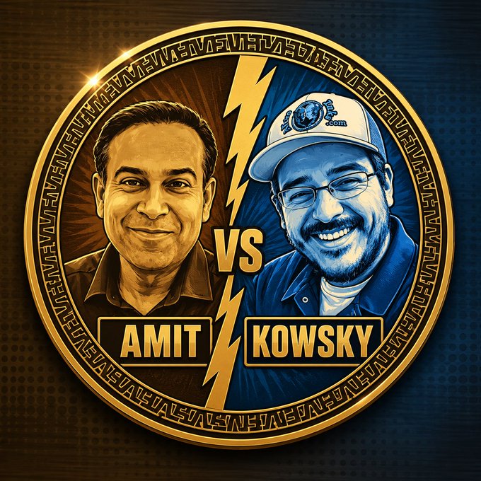 A stylized 'VS' battle emblem featuring illustrated portraits of two men labeled 'AMIT' and 'KOWSKY' divided by a lightning bolt in gold and blue.