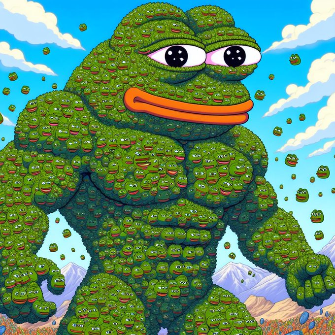 A massive, muscular Pepe the Frog composed entirely of tiny Pepe faces towers over a mountainous landscape, visually embodying the explosive growth hype of "$PEPE" headed toward a $100 billion market cap as referenced in the post.