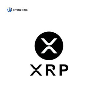A minimalist graphic displaying the black XRP cryptocurrency logo on a white background, with 'Cryptopolitan' text in the upper left corner.