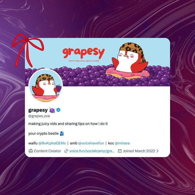 A Twitter/X profile card for 'grapesy' (@grapes_ova), featuring a cartoon penguin character in a grape-themed hat with the tagline 'I don't make wine, I grow in web3,' described as a Content Creator making 'juicy vids'.