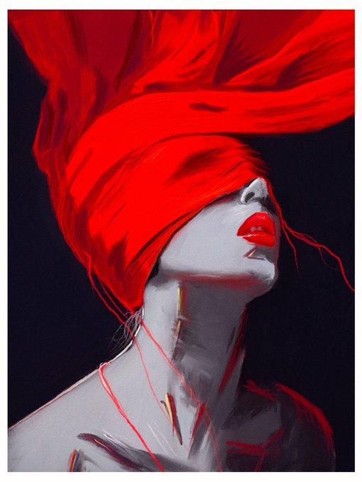 A digital painting of a pale-skinned figure with bright red lips, their eyes covered by flowing red fabric, with red threads extending down their neck and shoulders against a dark background.
