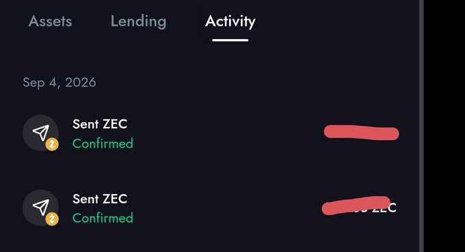 A cryptocurrency wallet activity tab shows two 'Sent ZEC' transactions on Sep 4, 2026, both marked as 'Confirmed' with the Zcash paper airplane logo.