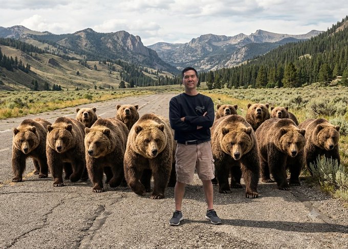A man stands confidently with arms crossed on a mountain road, surrounded by a large group of grizzly bears, suggesting a playful jab at someone (referenced as @taodejing2) who claims to have been early to Bitcoin and is now sharing proof, implying skepticism about the authenticity of his supposed early Bitcoin involvement.