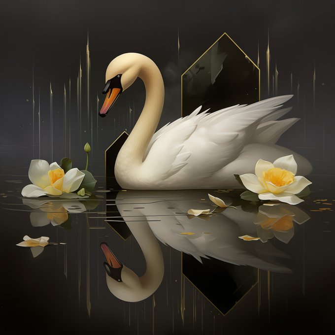 The image features a white swan sitting on its back with its wings spread out, surrounded by yellow flowers. The scene takes place in a dark background, which contrasts with the vibrant colors of the swan and flowers. In the bottom right corner of the image, there is text that reads "Sold!!! A big huge shout of thanks goes out to my dear friend @NftSunage for collecting an edition of ...".