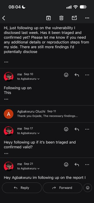 A screenshot of email correspondence dated September 10-21 showing repeated follow-up messages sent to "Agbakwuru Oluchi" regarding a previously disclosed vulnerability report, while the top message references a vulnerability submission that has not yet been triaged or confirmed. The thread reflects the user's claim in the accompanying post about being ignored after reporting a potentially critical vulnerability to @ZyntaFinance that could affect their infrastructure.